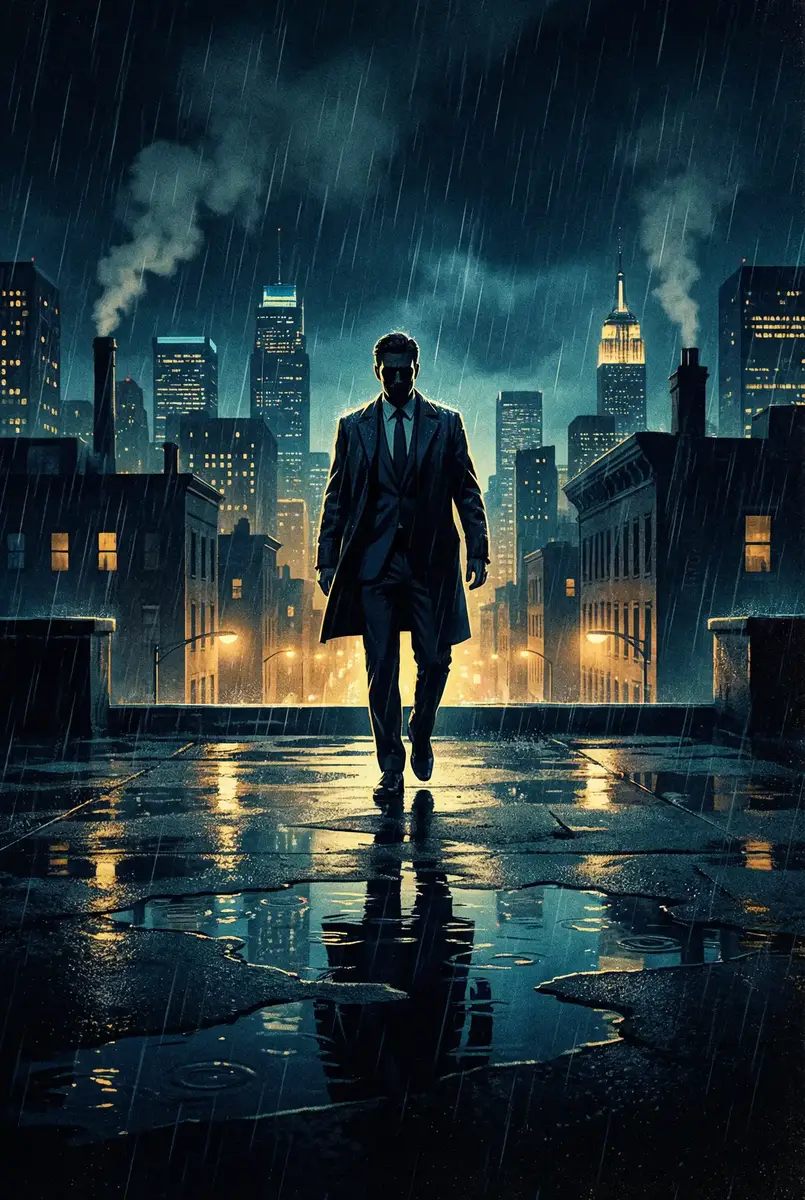 我们免费观看高清完整版日本 出品影片《雨夜独行者》海报，雨中城市屋顶男性剪影